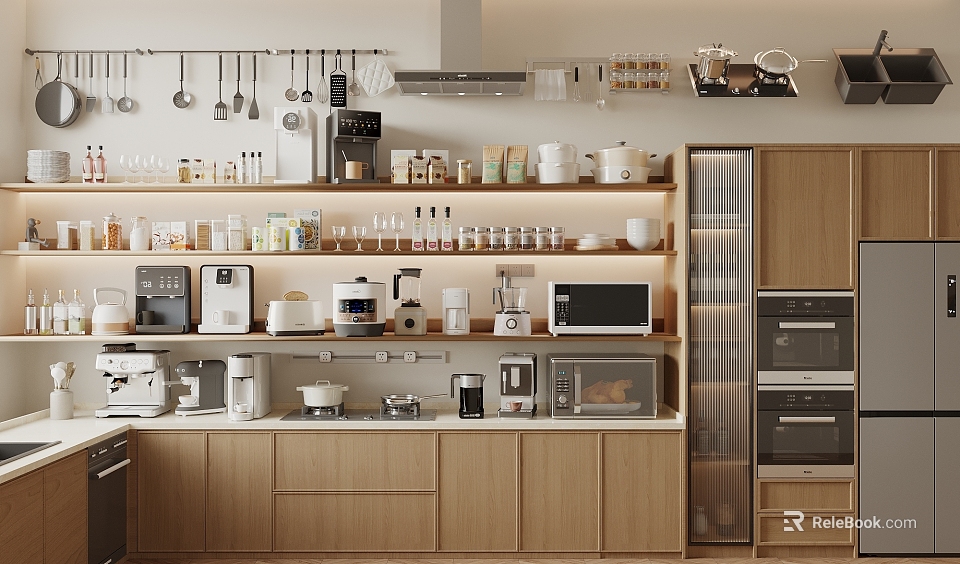 Modern Kitchen Interior With Well Organized Appliances Open Shelves And Wooden Cabinets 3d model 
