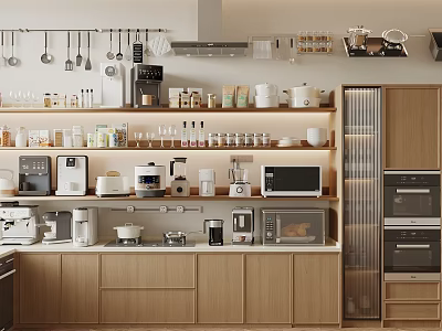 Modern Kitchen Interior With Well Organized Appliances Open Shelves And Wooden Cabinets 3d model