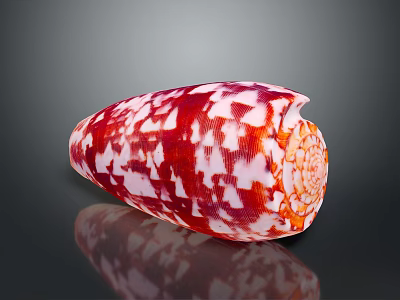 Vibrant Red and White Patterned Aquatic Conch with Orange Base and Reflection on Black Background 3d model