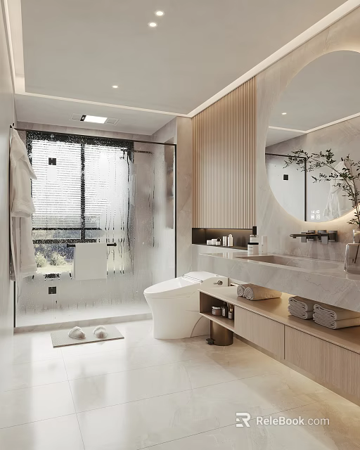 Modern Bathroom Interior Design With Glass Shower Toilet Marble Vanity Mirror And Wooden Cabinets 3d model 