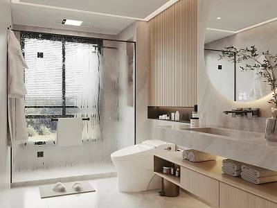 Modern Bathroom Interior Design With Glass Shower Toilet Marble Vanity Mirror And Wooden Cabinets 3d model
