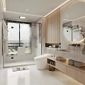 Modern Bathroom Interior Design With Glass Shower Toilet Marble Vanity Mirror And Wooden Cabinets