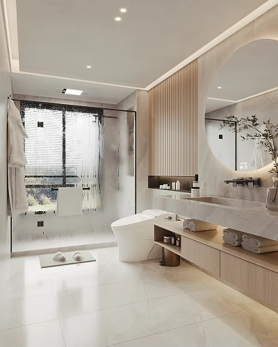 Modern Bathroom Interior Design With Glass Shower Toilet Marble Vanity Mirror And Wooden Cabinets 3d model