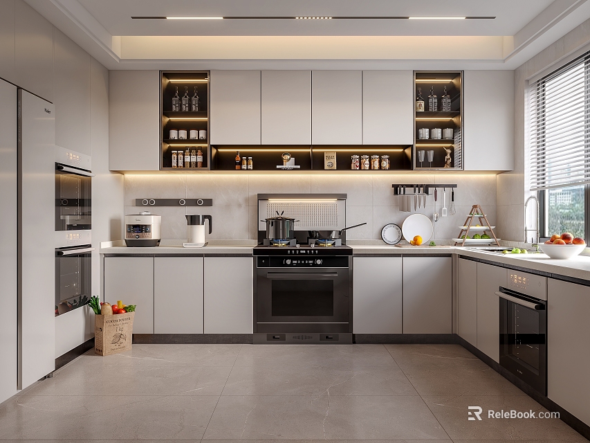 Modern Kitchen Interior With Gray Cabinets Built in Appliances And Open Shelves 3d model 