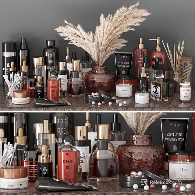 Household Cleaning And Daily Use Products Display With Assorted Bottles Candles And Decorative Items 3d model 