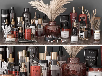 Household Cleaning And Daily Use Products Display With Assorted Bottles Candles And Decorative Items 3d model