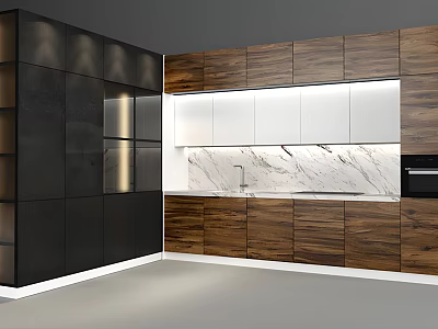 Modern Kitchen Cabinets With Wooden Black And White Panels And Marble Countertop 3d model