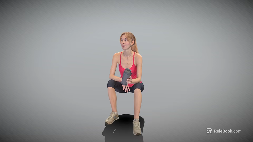Fit Woman Doing Squats With Dumbbell In Gray Studio Background 3d model 