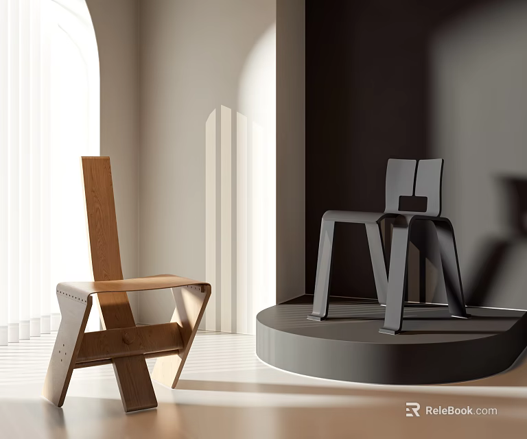 Wooden and Black Modern Single Chairs in Well Lit Display Space with Platform 3d model 