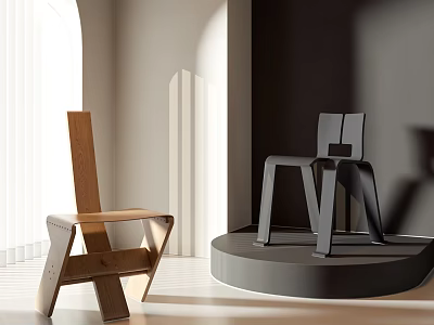 Wooden and Black Modern Single Chairs in Well Lit Display Space with Platform 3d model