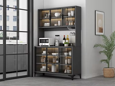 Modern Sideboard with Glass Doors Storing Cups Bottles in Bright Living Space with Window Plant 3d model