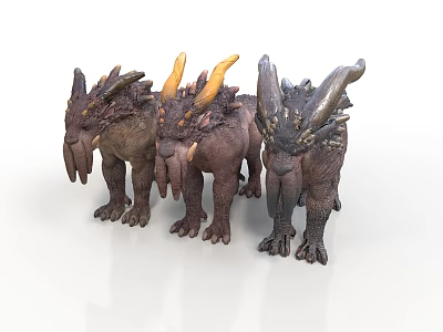Three Mythical Creature Characters With Horns Spiky Manes And Textured Bodies 3d model