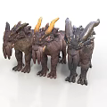 Three Mythical Creature Characters With Horns Spiky Manes And Textured Bodies