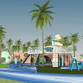 Vibrant Water Park Layout Featuring Palm Trees Slides And Colorful Structures 3d model