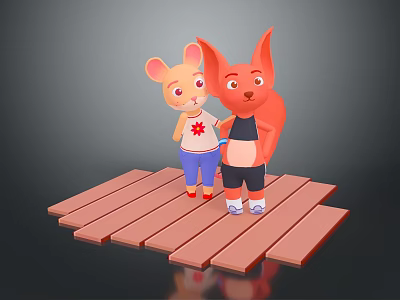 Cartoon Game Characters Rabbit and Fox in Maple Leaf Shirt Black Vest on Wooden Platform 3d model
