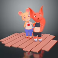 Cartoon Game Characters Rabbit and Fox in Maple Leaf Shirt Black Vest on Wooden Platform