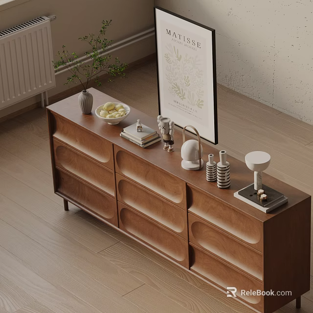 Modern Wooden Entryway Cabinet Sideboard With Storage Drawers And Decorative Display Items 3d model 
