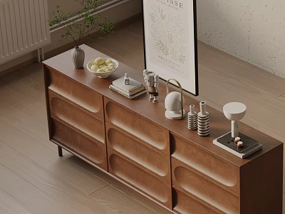 Modern Wooden Entryway Cabinet Sideboard With Storage Drawers And Decorative Display Items 3d model