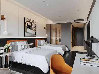 Modern Hotel Guest Room Featuring Twin Beds White Bedding Decorative Painting And Orange Chair 3d model