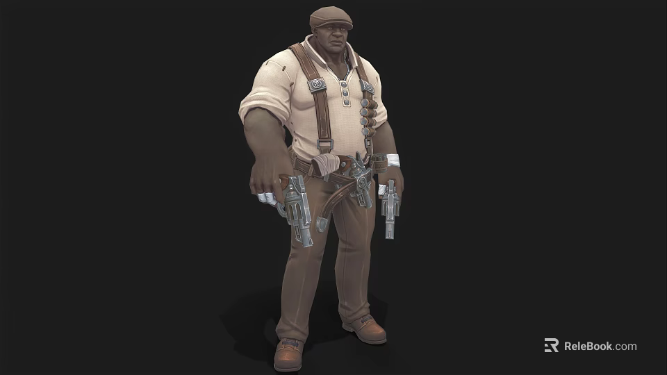 A Man In Beige Shirt And Suspenders Holding Two Revolvers Standing In Adventurous Pose 3d model 