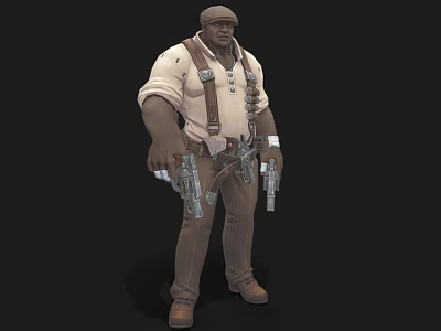 A Man In Beige Shirt And Suspenders Holding Two Revolvers Standing In Adventurous Pose 3d model