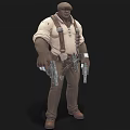 A Man In Beige Shirt And Suspenders Holding Two Revolvers Standing In Adventurous Pose