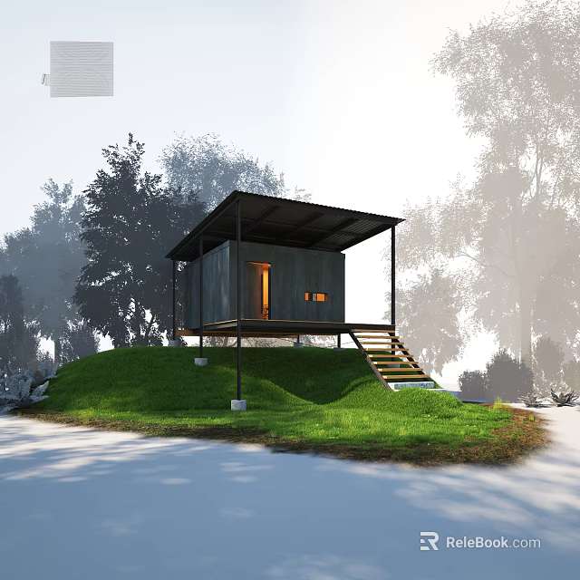 Villa Balcony on Hillside with Green Grass Gray Exterior and Black Roof 3d model 