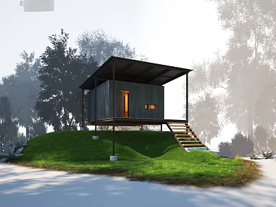 Villa Balcony on Hillside with Green Grass Gray Exterior and Black Roof 3d model