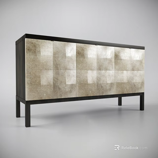 Modern TV Stand With Dark Frame And Textured Square Pattern Panel Cabinet Design 3d model 