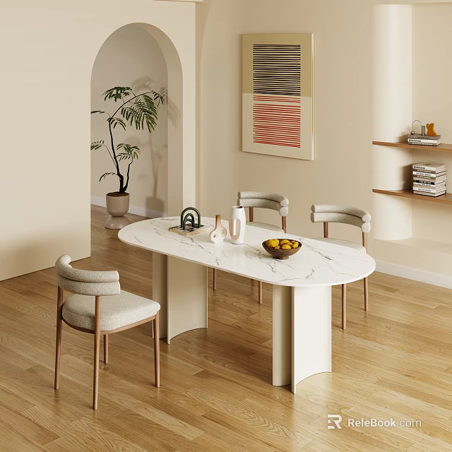 Modern Dining Table Set With Oval Marble Top White Legs And Four Beige Cushioned Chairs 3d model 