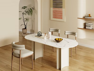 Modern Dining Table Set With Oval Marble Top White Legs And Four Beige Cushioned Chairs 3d model