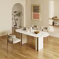 Modern Dining Table Set With Oval Marble Top White Legs And Four Beige Cushioned Chairs