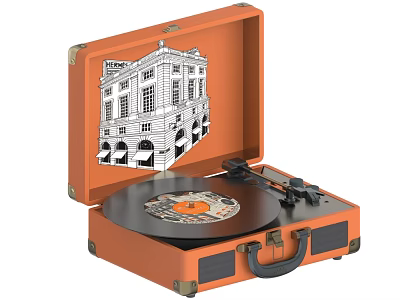 Orange Suitcase Style Turntable as Entertainment Appliance With Vinyl Record and Building Design 3d model