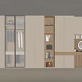 Modern Beige Wardrobe With Glass Doors Open Storage And Round Mirror