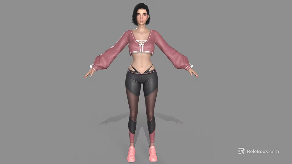 Woman In Pink Long Sleeve Top And Black Tights With Arms Outstretched On Gray Background 3d model 