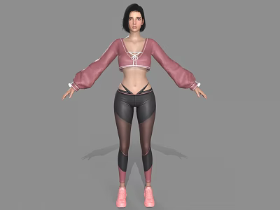 Woman In Pink Long Sleeve Top And Black Tights With Arms Outstretched On Gray Background 3d model