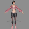Woman In Pink Long Sleeve Top And Black Tights With Arms Outstretched On Gray Background
