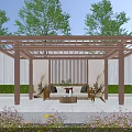 Garden Pavilion with Wooden Structure Surrounding Trees White Wall Seats and Coffee Table Purple Flowers