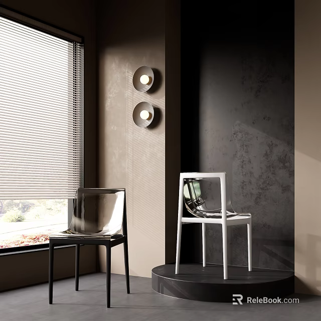 Black And White Leisure Chairs In Modern Room With Window Blinds And Wall Lamps 3d model 