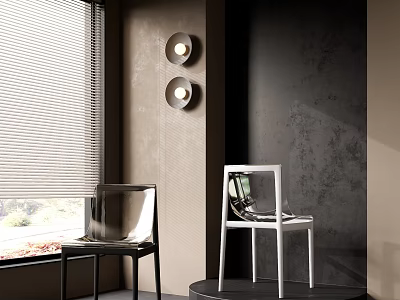 Black And White Leisure Chairs In Modern Room With Window Blinds And Wall Lamps 3d model