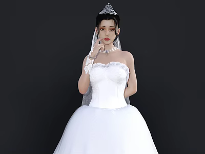 Elegant Woman in White Strapless Ball Gown Wedding Dress with Veil Tiara and Necklace 3d model