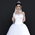 Elegant Woman in White Strapless Ball Gown Wedding Dress with Veil Tiara and Necklace
