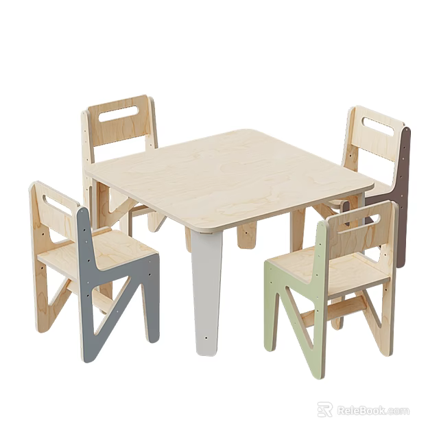Simple Kids Wooden Table and Chair Set With Multi Colored Chairs and Simple Design 3d model 