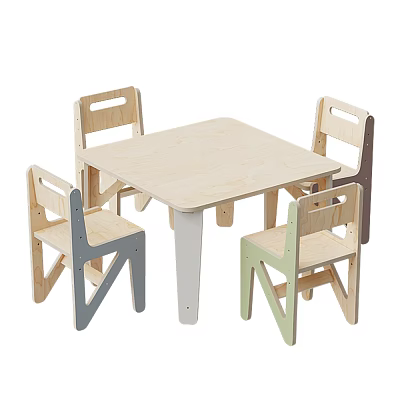 Simple Kids Wooden Table and Chair Set With Multi Colored Chairs and Simple Design 3d model
