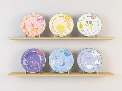 Colorful Decorative Plates With Various Cute Patterns On Two Wooden Shelves 3d model