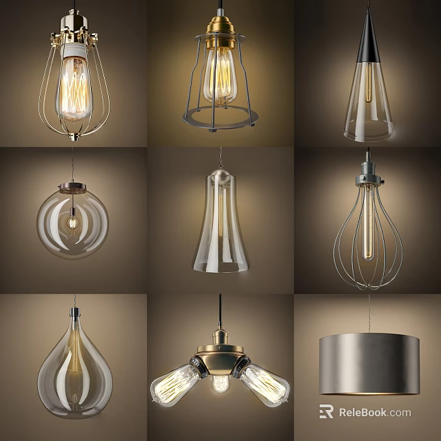 Various Modern Pendant Lights with Glass and Metal Designs for Home Interiors 3d model 