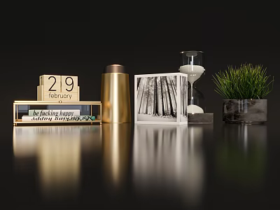 Modern Decorative Ornament Set With Calendar Golden Cylinder Photo Frame Hourglass And Green Plant 3d model