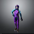 Person In Purple And Blue Jumpsuit With Helmet Standing On Gray Background