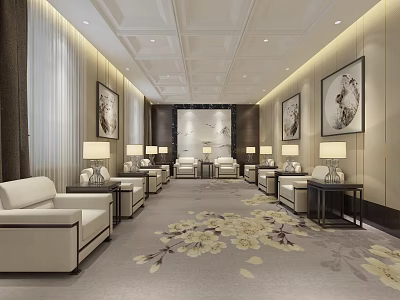 Elegant Hotel Public Lounge Interior With Beige Sofas Floral Carpet And Decorative Paintings 3d model