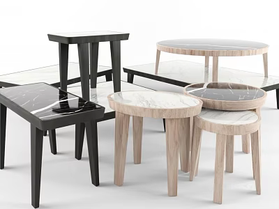Modern Stylish Side Tables with Marble Tops and Black Light Wooden Legs 3d model